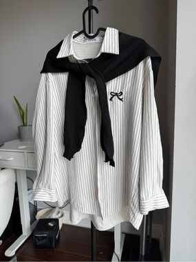 Basic Striped Button-Down Shirt with Black Sweater Accent